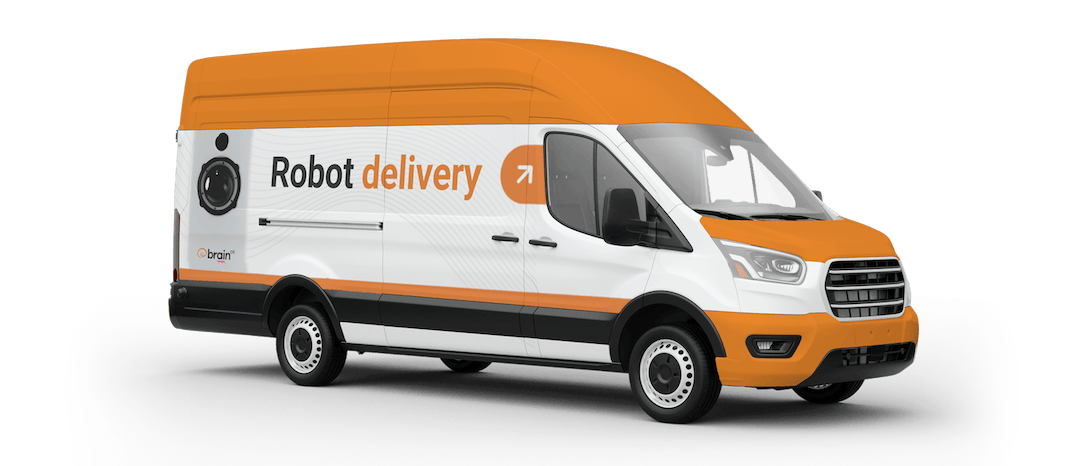 A van wrap design for BrainOS reading "Robot delivery"
