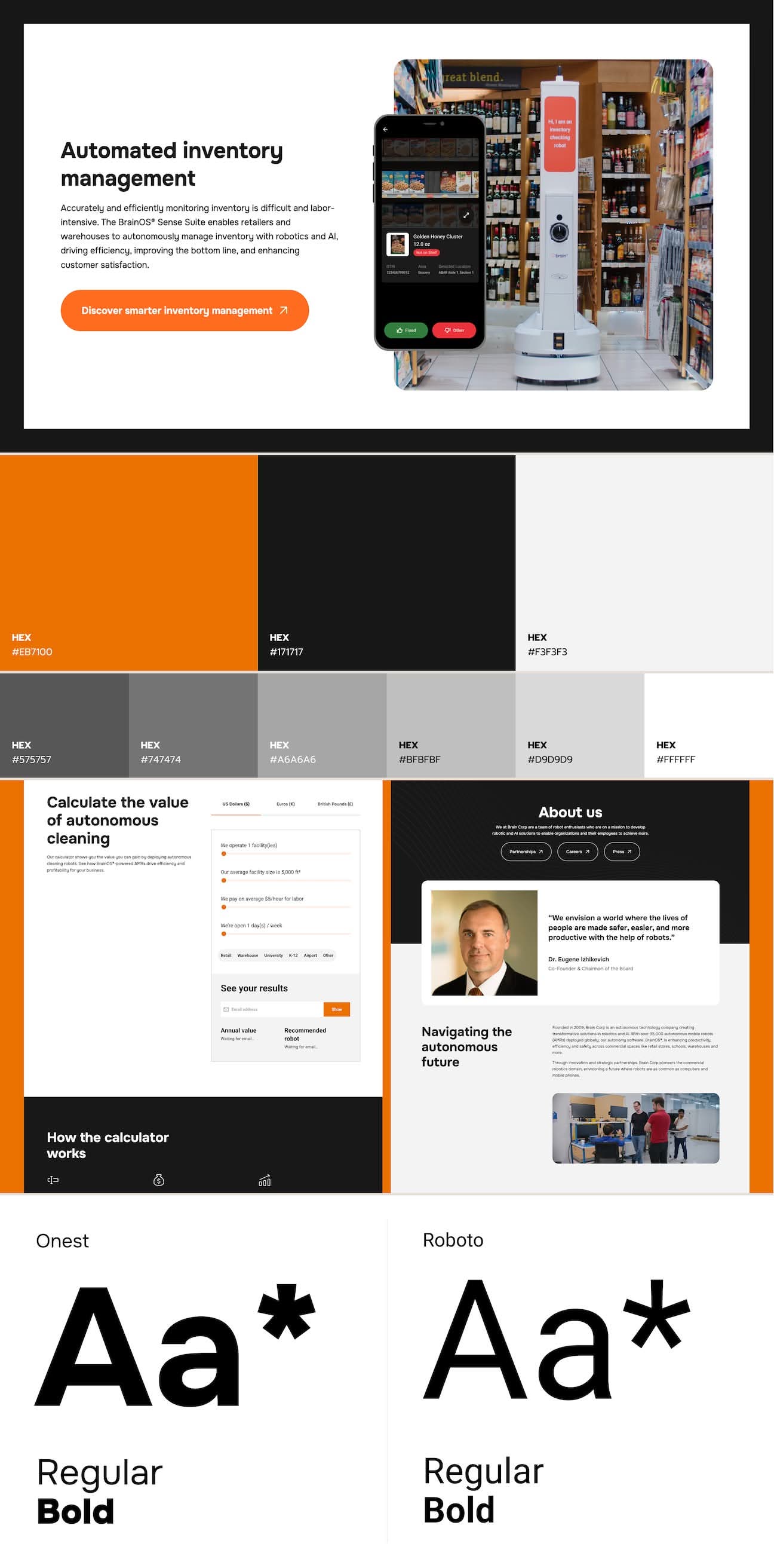 A collage of sections from Brain Corp's webpages, color palette, and typography samples.