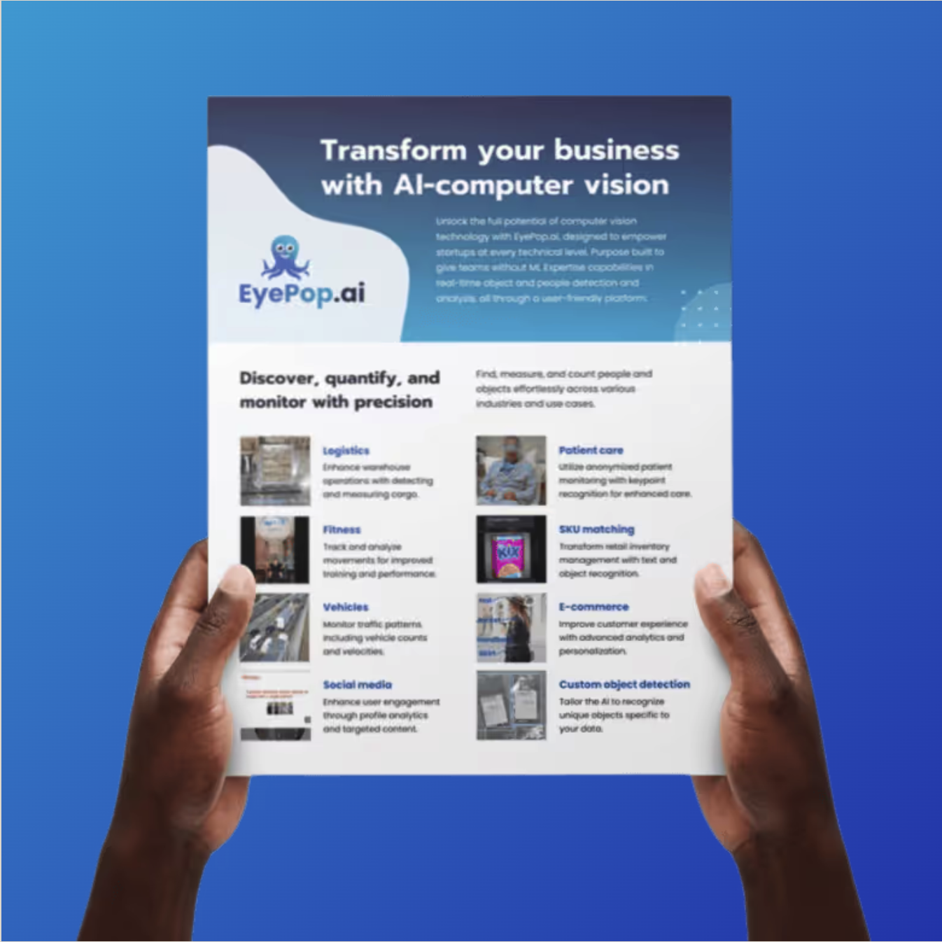 A printed EyePop.ai sales sheet describing how to transform your business with AI computer vision.