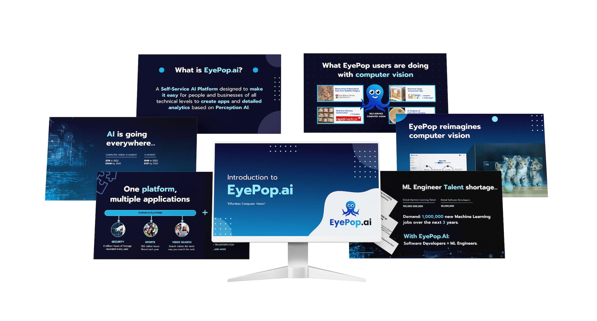 A series of page designs from EyePop.ai pitch decks.