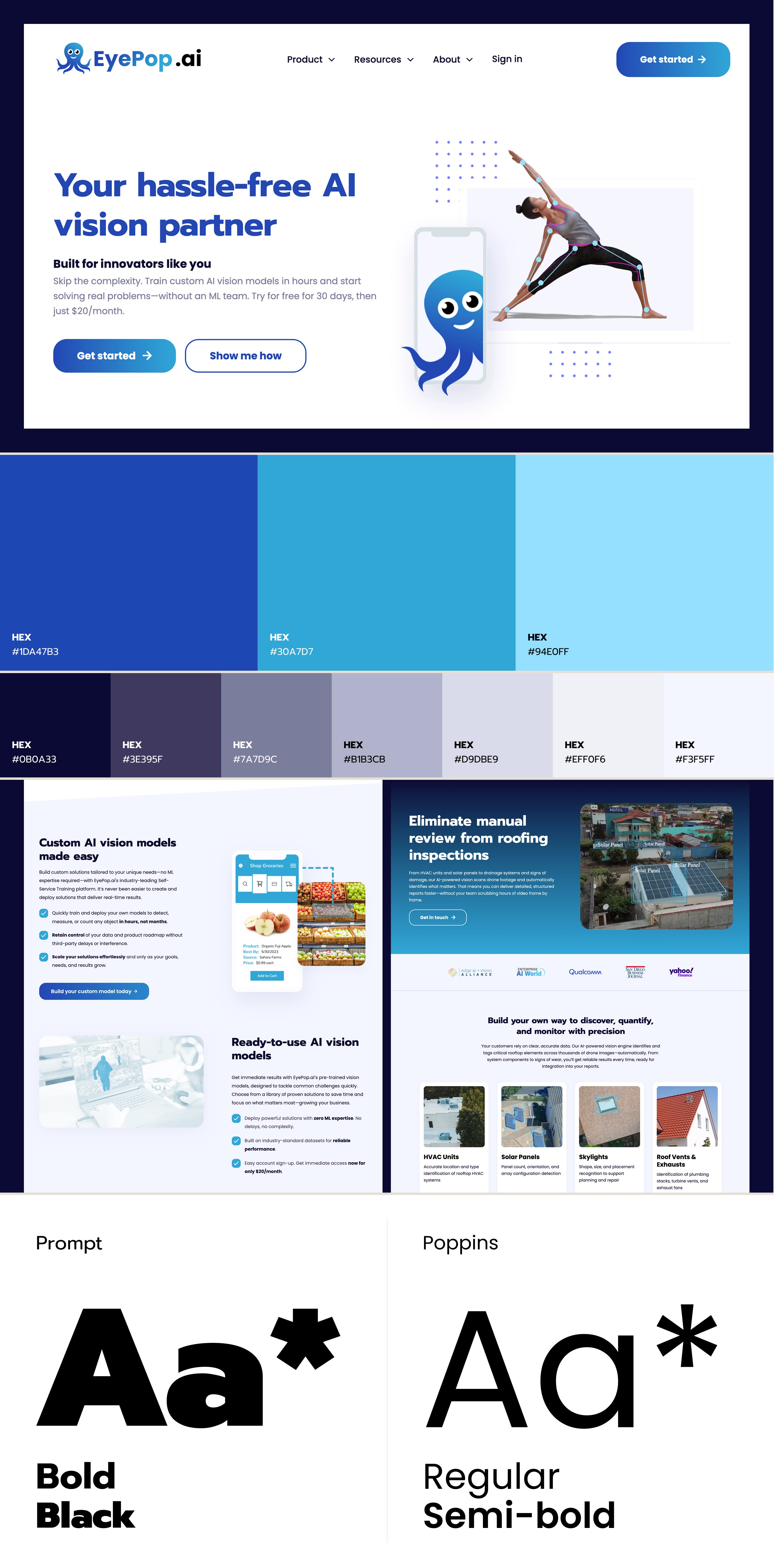 The EyePop.ai homepage hero/subpage designs, color palette, and typography samples.